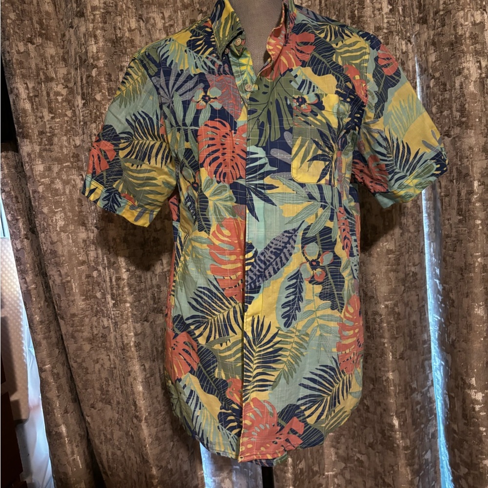 Izod Tropical Leaf Short Sleeve Shirt - Blue, Yellow, Coral